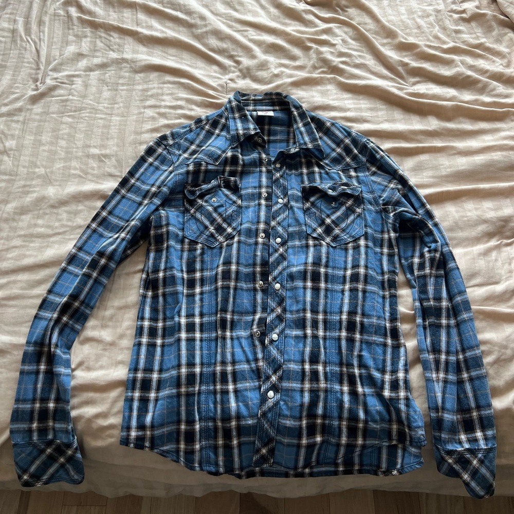 Navy Blue True Religion Long sleeve Plaid Shirt — XXL, fits XL